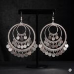 SILVER MULTI-LAYER HOOP EARRINGS WITH COINS/GHUNGROO - Image 3